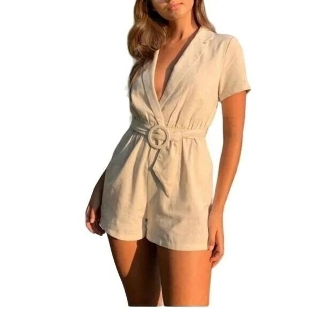 Princess Polly Turin Beige Linen Blend Belted Romper Size US 2